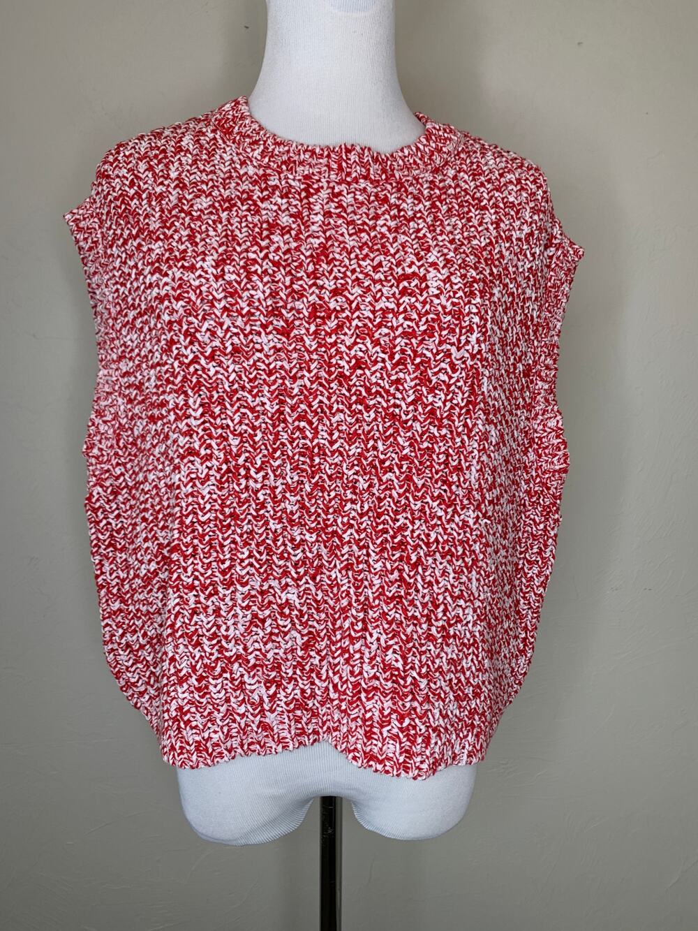 Zara Red White Oversized Cropped Sweater Sleeveless Sz Small